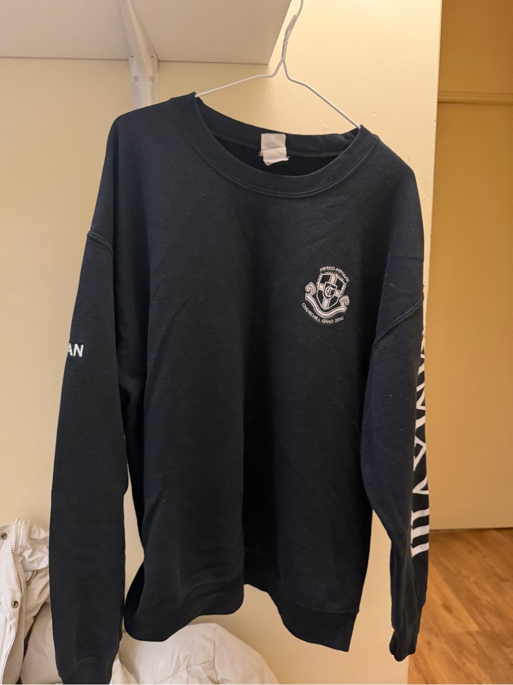 Gildan Black Crewneck Sweatshirt with White Sleeve and Chest Graphics